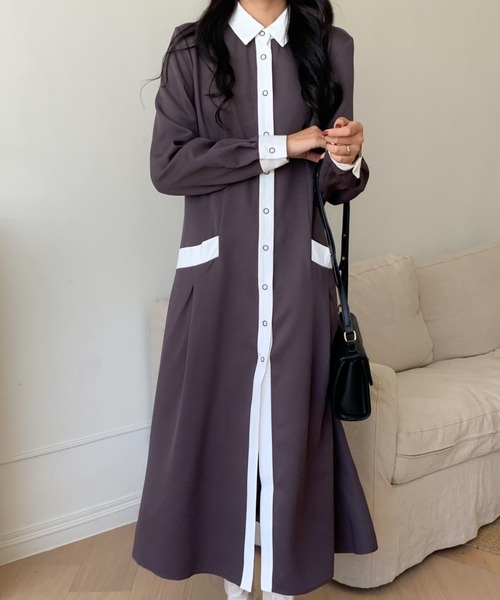 ABITOKYO（アビトーキョー）の「バイカラーシャツワンピース（シャツワンピース・レディース・ブラック/ベージュ/ダークブラウン・M/L）」の3枚目の写真