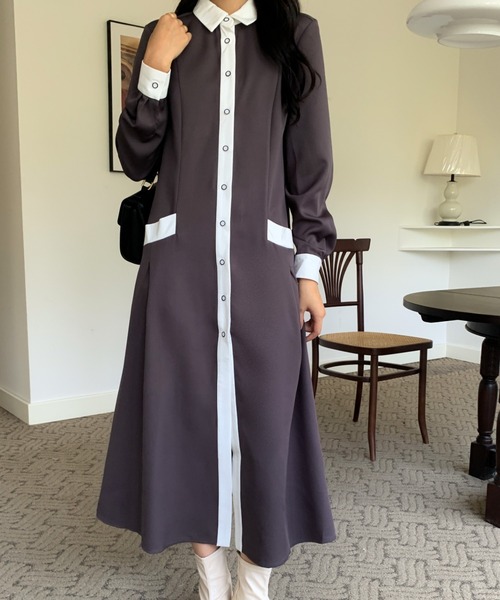 ABITOKYO（アビトーキョー）の「バイカラーシャツワンピース（シャツワンピース・レディース・ブラック/ベージュ/ダークブラウン・M/L）」の14枚目の写真