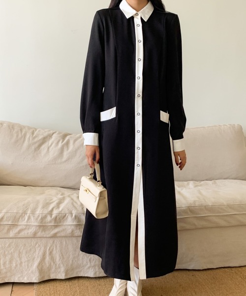 ABITOKYO（アビトーキョー）の「バイカラーシャツワンピース（シャツワンピース・レディース・ブラック/ベージュ/ダークブラウン・M/L）」の9枚目の写真