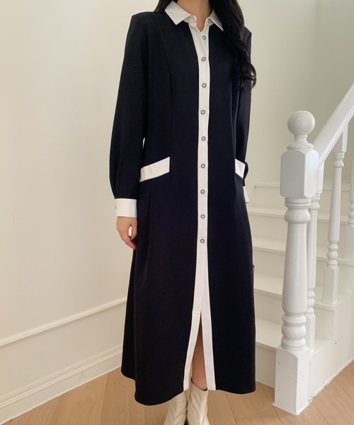 ABITOKYO（アビトーキョー）の「バイカラーシャツワンピース（シャツワンピース・レディース・ブラック/ベージュ/ダークブラウン・M/L）」の4枚目の写真