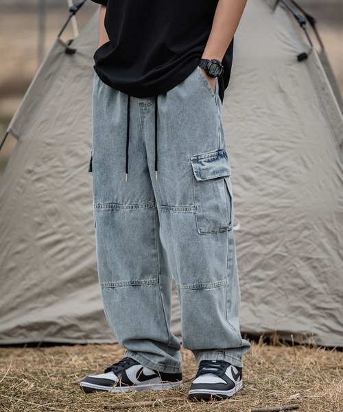 セール】【HOOK】古着風ビッグポケット付きウォッシュ加工デニムカーゴ