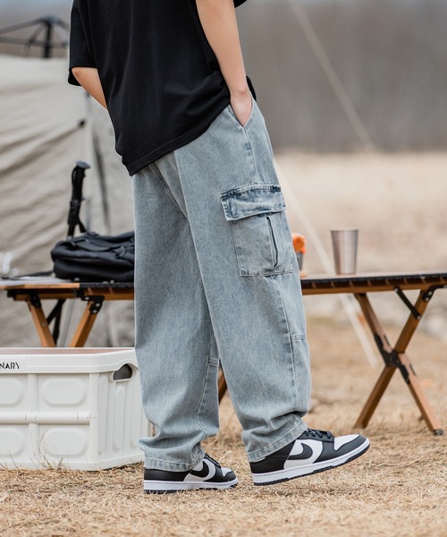 HOOK】古着風ビッグポケット付きウォッシュ加工デニムカーゴパンツ