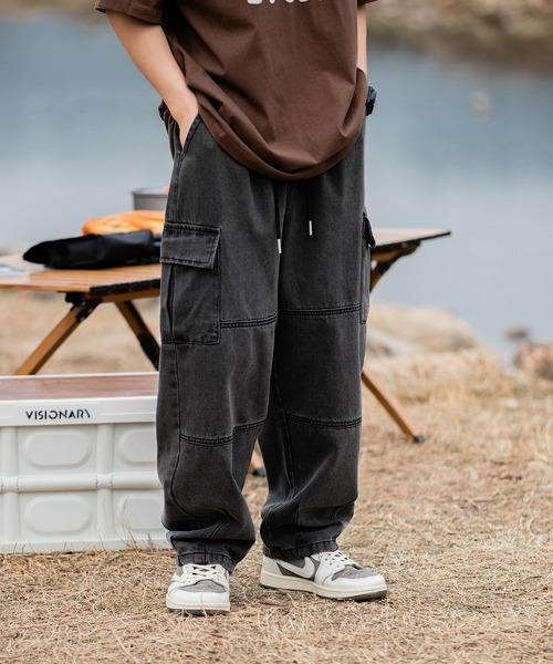 HOOK】古着風ビッグポケット付きウォッシュ加工デニムカーゴパンツ