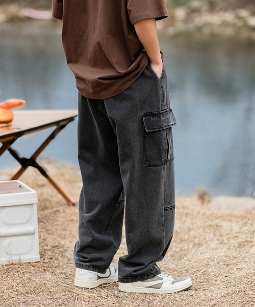 HOOK】古着風ビッグポケット付きウォッシュ加工デニムカーゴパンツ