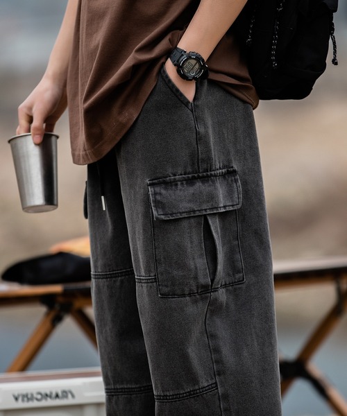 HOOK（フック）の「【HOOK】古着風ビッグポケット付きウォッシュ加工デニムカーゴパンツ（カーゴパンツ・メンズ・ブラック/ブルー・M/L/XL/XXL）」の9枚目の写真