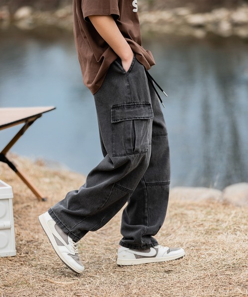 HOOK】古着風ビッグポケット付きウォッシュ加工デニムカーゴパンツ
