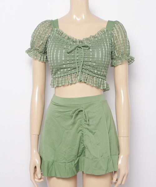 gossip!ロサンゼルス(ゴシップロサンゼルス)の「ハイウエストスカート トップス 2点セット水着(水着・レディース・グリーン/ブラック/ピンク・FREE)」の6枚目の写真