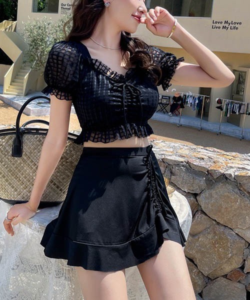 gossip!ロサンゼルス(ゴシップロサンゼルス)の「ハイウエストスカート トップス 2点セット水着(水着・レディース・グリーン/ブラック/ピンク・FREE)」の11枚目の写真