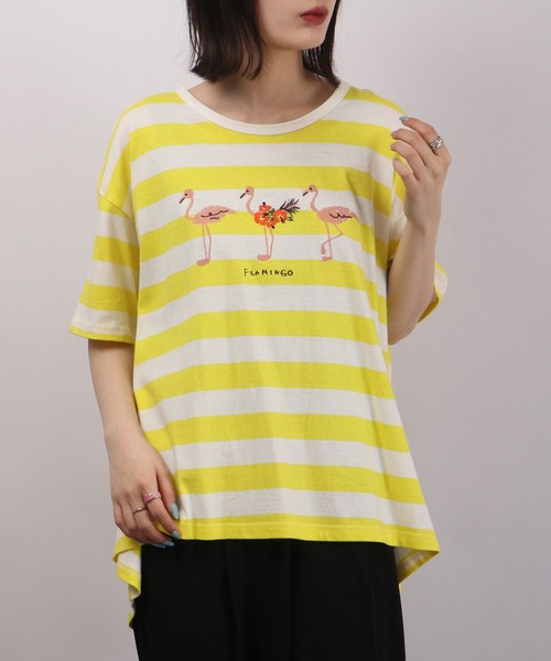 EMAGO フラミンゴ刺繍フレア半袖Tシャツ（Tシャツ/カットソー