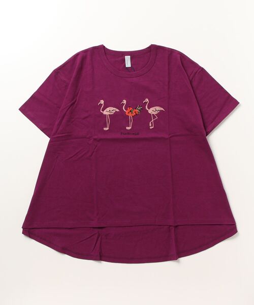 EMAGO フラミンゴ刺繍フレア半袖Tシャツ（Tシャツ/カットソー