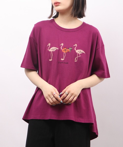 Emago(イマゴ)の「EMAGO フラミンゴ刺繍フレア半袖Tシャツ(Tシャツ/カットソー・レディース・パープル/アイボリー/ホワイト×イエロー・FREE)」の11枚目の写真