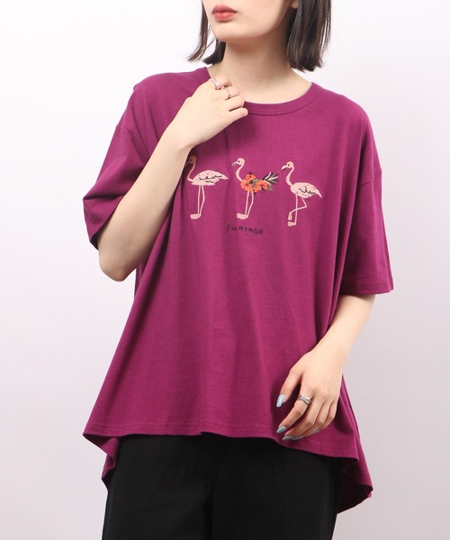 Emago(イマゴ)の「EMAGO フラミンゴ刺繍フレア半袖Tシャツ(Tシャツ/カットソー・レディース・パープル/アイボリー/ホワイト×イエロー・FREE)」の12枚目の写真