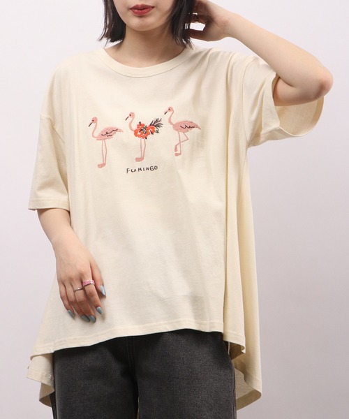 tシャツ EMAGO フラミンゴ刺繍フレア半袖Tシャツ レディース Emago tシャツ EMAGO フラミンゴ刺繍フレア半袖Tシャツ