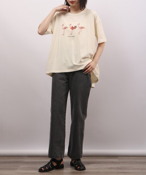 tシャツ EMAGO フラミンゴ刺繍フレア半袖Tシャツ レディース Emago tシャツ EMAGO フラミンゴ刺繍フレア半袖Tシャツ
