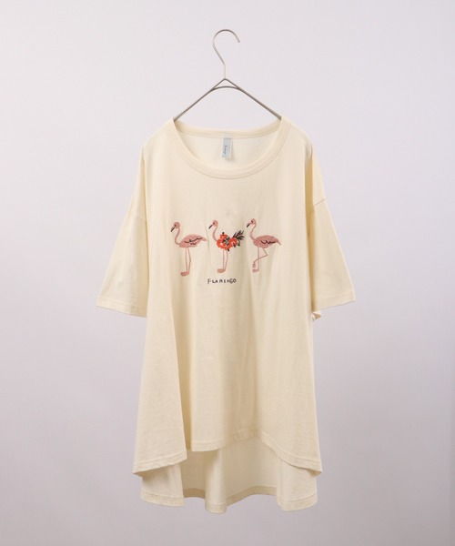 Emago(イマゴ)の「EMAGO フラミンゴ刺繍フレア半袖Tシャツ(Tシャツ/カットソー・レディース・パープル/アイボリー/ホワイト×イエロー・FREE)」の18枚目の写真
