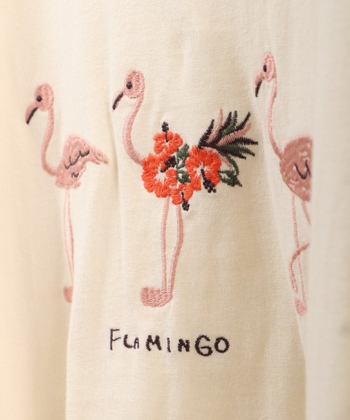 EMAGO フラミンゴ刺繍フレア半袖Tシャツ（Tシャツ/カットソー