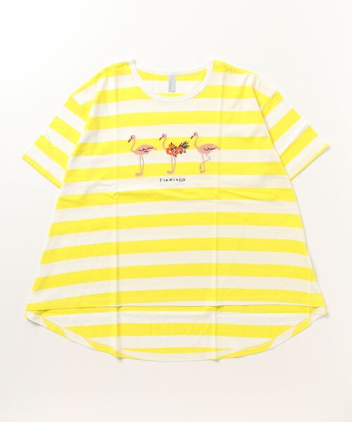 tシャツ EMAGO フラミンゴ刺繍フレア半袖Tシャツ レディース Emago tシャツ EMAGO フラミンゴ刺繍フレア半袖Tシャツ