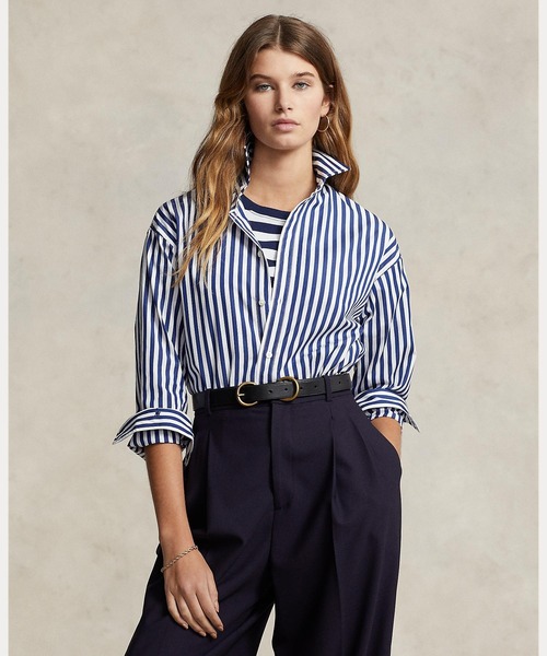 POLO RALPH LAUREN(ポロ ラルフ ローレン)の「リラックスド フィット コントラストストライプ コットン シャツ(シャツ/ブラウス・レディース・ブルー・0/00/2/4/6/8/10/12/14)」の1枚目の写真