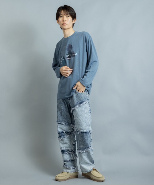 En serio TOKYO（エンソリオトーキョー）の「コットンタッチダンボール 水彩アートプリント ロンT（Tシャツ/カットソー・メンズ・ブラック/ホワイト/グレイッシュブルー・L/M）」の3枚目の写真