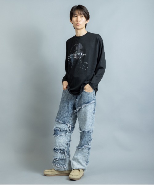 En serio TOKYO（エンソリオトーキョー）の「コットンタッチダンボール 水彩アートプリント ロンT（Tシャツ/カットソー・メンズ・ブラック/ホワイト/グレイッシュブルー・L/M）」の10枚目の写真