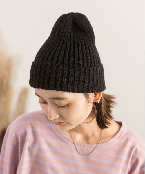 ad thie(アドティエ)の「リブ編みニット帽(ニットキャップ/ビーニー・レディース・ピンク/ブルー/ブラック/ベージュ/グリーン・FREE)」の2枚目の写真