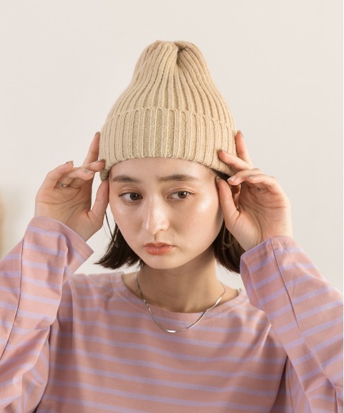 ad thie(アドティエ)の「リブ編みニット帽(ニットキャップ/ビーニー・レディース・ピンク/ブルー/ブラック/ベージュ/グリーン・FREE)」の7枚目の写真