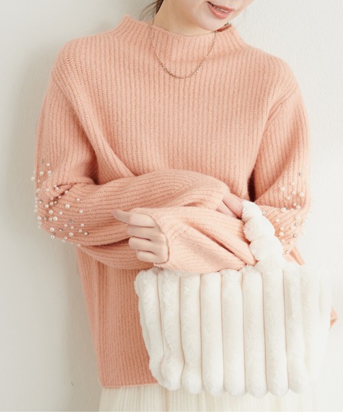 natural couture(ナチュラルクチュール)の「ビジュースリーブもちもち畦ニット(ニット/セーター・レディース・ブラック/オフホワイト/グレー系その他/サーモンピンク・FREE)」の20枚目の写真