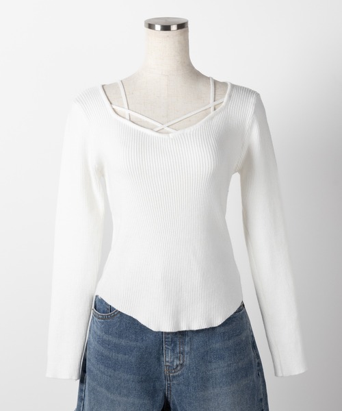 me+em select(ミームセレクト)の「【 3color 】クロスラインストラップデザインリブニット(ニット/セーター・レディース・ホワイト/ブラック/アイボリー・FREE)」の17枚目の写真