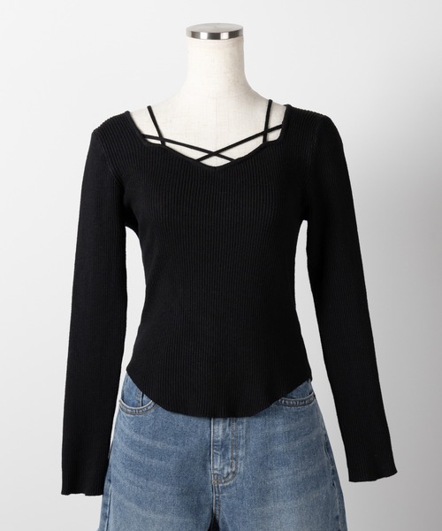 me+em select(ミームセレクト)の「【 3color 】クロスラインストラップデザインリブニット(ニット/セーター・レディース・ホワイト/ブラック/アイボリー・FREE)」の18枚目の写真