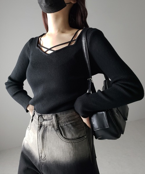 3color 】クロスラインストラップデザインリブニット（ニット