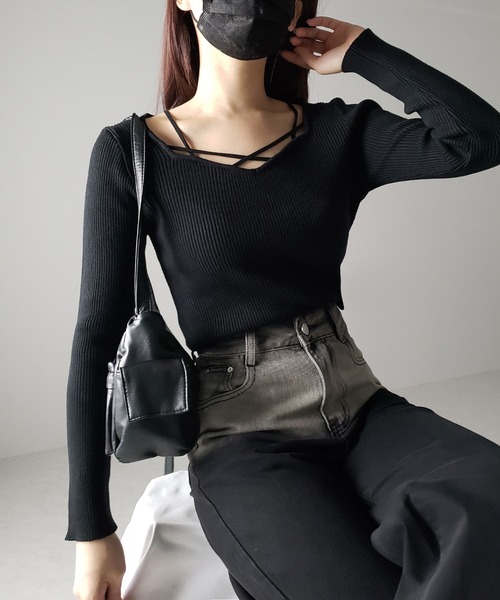 me+em select(ミームセレクト)の「【 3color 】クロスラインストラップデザインリブニット(ニット/セーター・レディース・ホワイト/ブラック/アイボリー・FREE)」の10枚目の写真