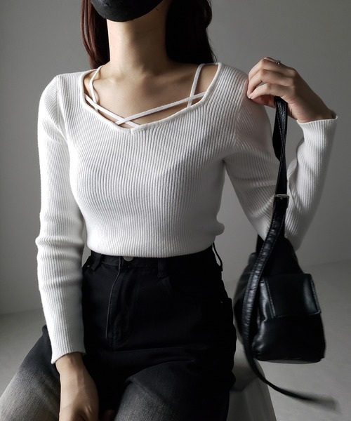 me+em select(ミームセレクト)の「【 3color 】クロスラインストラップデザインリブニット(ニット/セーター・レディース・ホワイト/ブラック/アイボリー・FREE)」の12枚目の写真