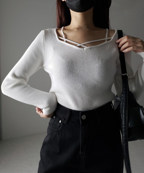 me+em select(ミームセレクト)の「【 3color 】クロスラインストラップデザインリブニット(ニット/セーター・レディース・ホワイト/ブラック/アイボリー・FREE)」の15枚目の写真