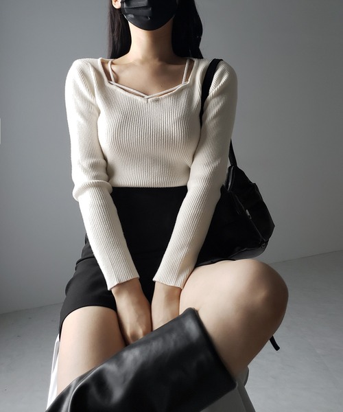 セール】【 3color 】クロスラインストラップデザインリブニット