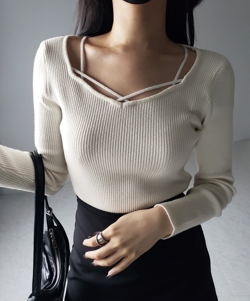 me+em select(ミームセレクト)の「【 3color 】クロスラインストラップデザインリブニット(ニット/セーター・レディース・ホワイト/ブラック/アイボリー・FREE)」の22枚目の写真