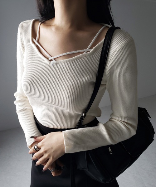 セール】【 3color 】クロスラインストラップデザインリブニット
