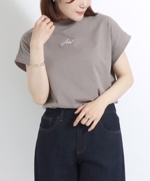 ワンポイントロゴ刺繍 フレンチスリーブ モックネック半袖Tシャツ レディース/カットソープルオーバー