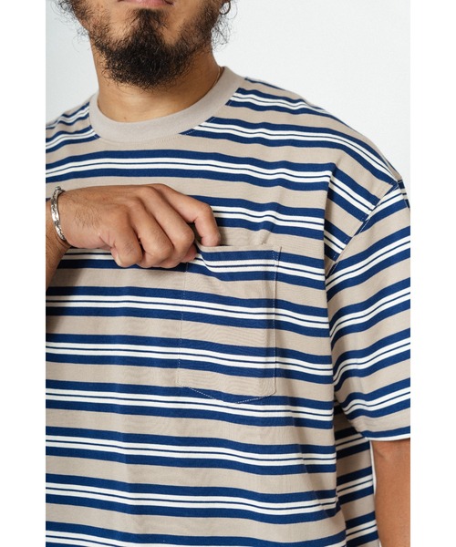 BIG MIKE(ビッグマイク)の「BIG MIKE ビッグマイク サングラスポケット 半袖ボーダーTシャツ 102428590(Tシャツ/カットソー・メンズ・グリーン×オレンジ/グレー系その他/ベージュ系その他/サンドベージュ・MEDIUM/LARGE/X-LARGE)」の7枚目の写真