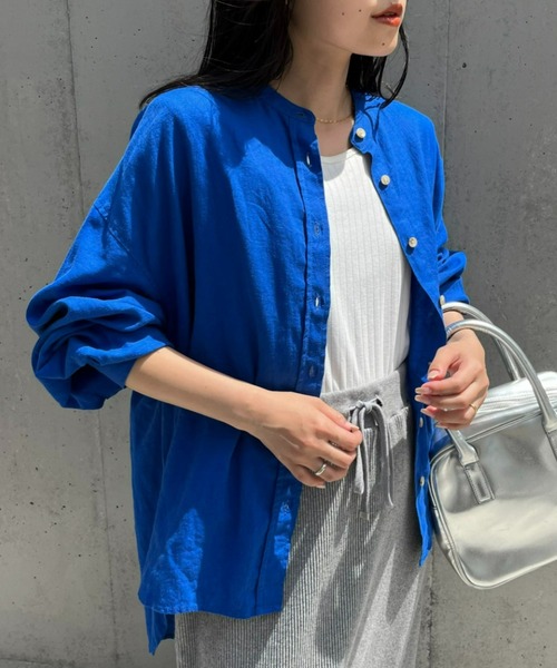 CIAOPANIC TYPY（チャオパニックティピー）の「リネンレーヨンバンドカラーBIGシャツ（シャツ/ブラウス・レディース・イエロー/ネイビー/ピンク/ホワイト/グリーン/ブルー/チャコールグレー/グレー系その他・ONE SIZE）」の6枚目の写真