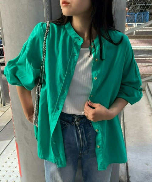 CIAOPANIC TYPY（チャオパニックティピー）の「リネンレーヨンバンドカラーBIGシャツ（シャツ/ブラウス・レディース・イエロー/ネイビー/ピンク/ホワイト/グリーン/ブルー/チャコールグレー/グレー系その他・ONE SIZE）」の4枚目の写真