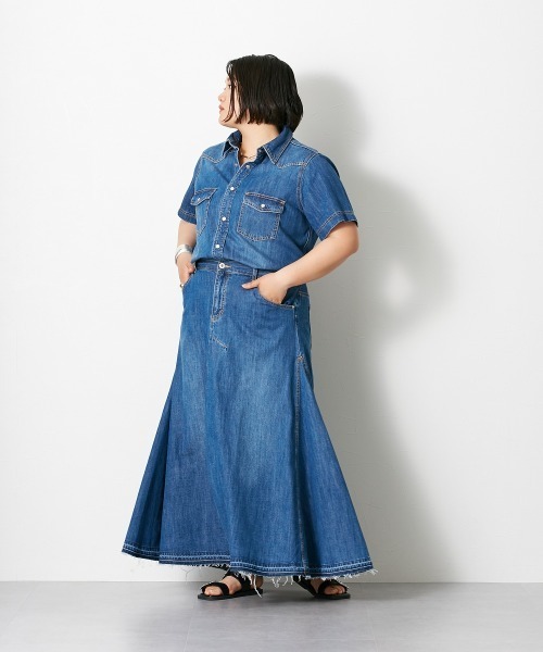CHIC STYLE(シックスタイル)の「 綿100%デニムフレアマキシスカート <大きいサイズ有>シックスタイル(スカート・レディース・ブルー系/ネイビー系/ホワイト系・5L/4L/3L/LL/L/M)」の5枚目の写真