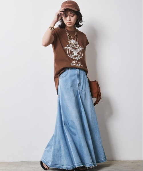 綿100％デニムフレアマキシスカート ＜大きいサイズ有＞シックスタイル