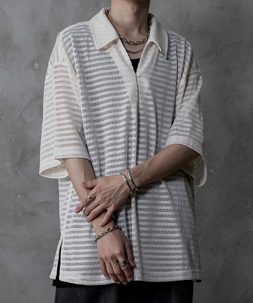 INTER FACTORY(インターファクトリー)の「ファッションインフルエンサー しの - Mesh Lace Sheer Skipper Shirt / メッシュレースシアースキッパーシャツ made in INTER FACTORY(シャツ/ブラウス・メンズ・ブラック/アイボリー・SMALL/LARGE/MEDIUM)」の3枚目の写真