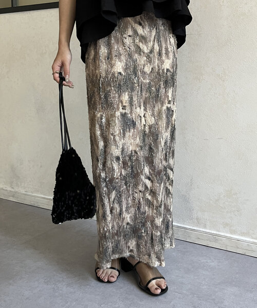 Thevon（ゼボン）の「ニュアンス柄プリーツナロースカート（スカート・レディース・グレー/カーキ/ベージュ・FREE）」の3枚目の写真