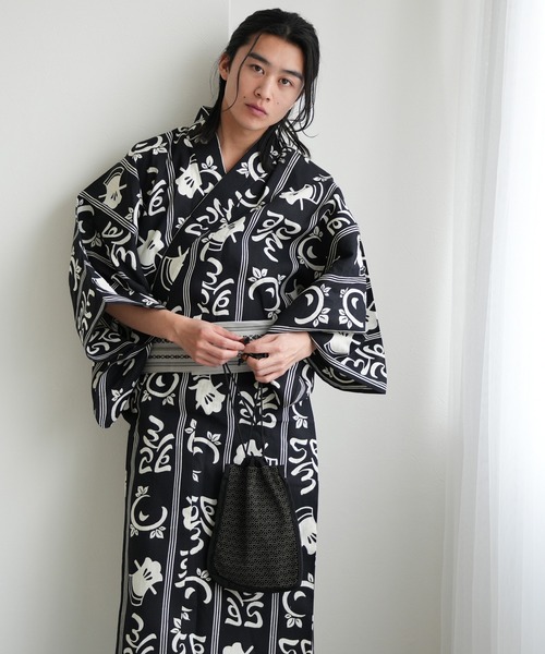 kujaku 羽織 コート ブラック 浴衣 甚平 16ss 手染め注染メンズ浴衣3点セット utatane×注染工房 斧琴菊（よき