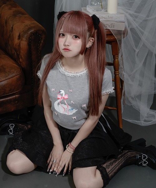 Pal elfy(パルエルフィー)の「ドロストスワンリボンT(Tシャツ/カットソー・レディース・杢グレー/オフホワイト・フリー)」の2枚目の写真