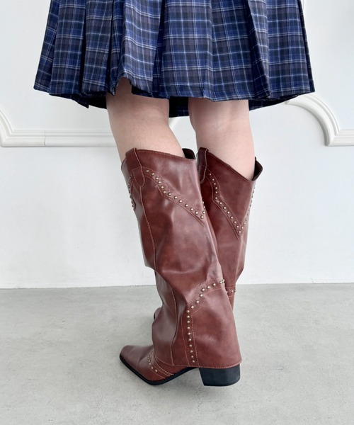 【celon】ロングブーツ ブラウン スタイルブロック STYLEBLOCK ベルトデザインロングブーツ