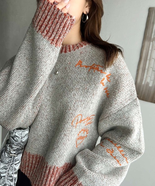 NAPTIME刺繍ダークグレーセーター セール】【mily bilet】 大人の個性派 ニット。ランダム 刺繍