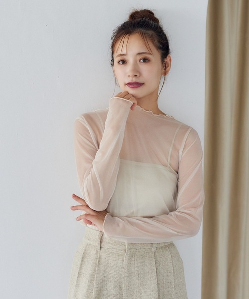 mysty woman（ミスティウーマン）の「シアーラメインナープルオーバー　149653（Tシャツ/カットソー・レディース・オレンジ/チャコールグレー/アイボリー・FREE）」の2枚目の写真