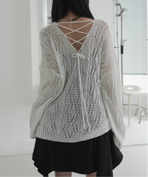 gossip!ロサンゼルス(ゴシップロサンゼルス)の「Y2K 編み上げスキッパーニット 2WAY(Tシャツ/カットソー・レディース・ブラック/オフホワイト・FREE)」の13枚目の写真